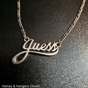 GUESS Necklace Silver Tone Logo Charm Statement Piece